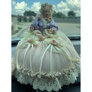 Vintage Victorian-Inspired Porcelain Doll pincushion With Lavender Dress & Lace